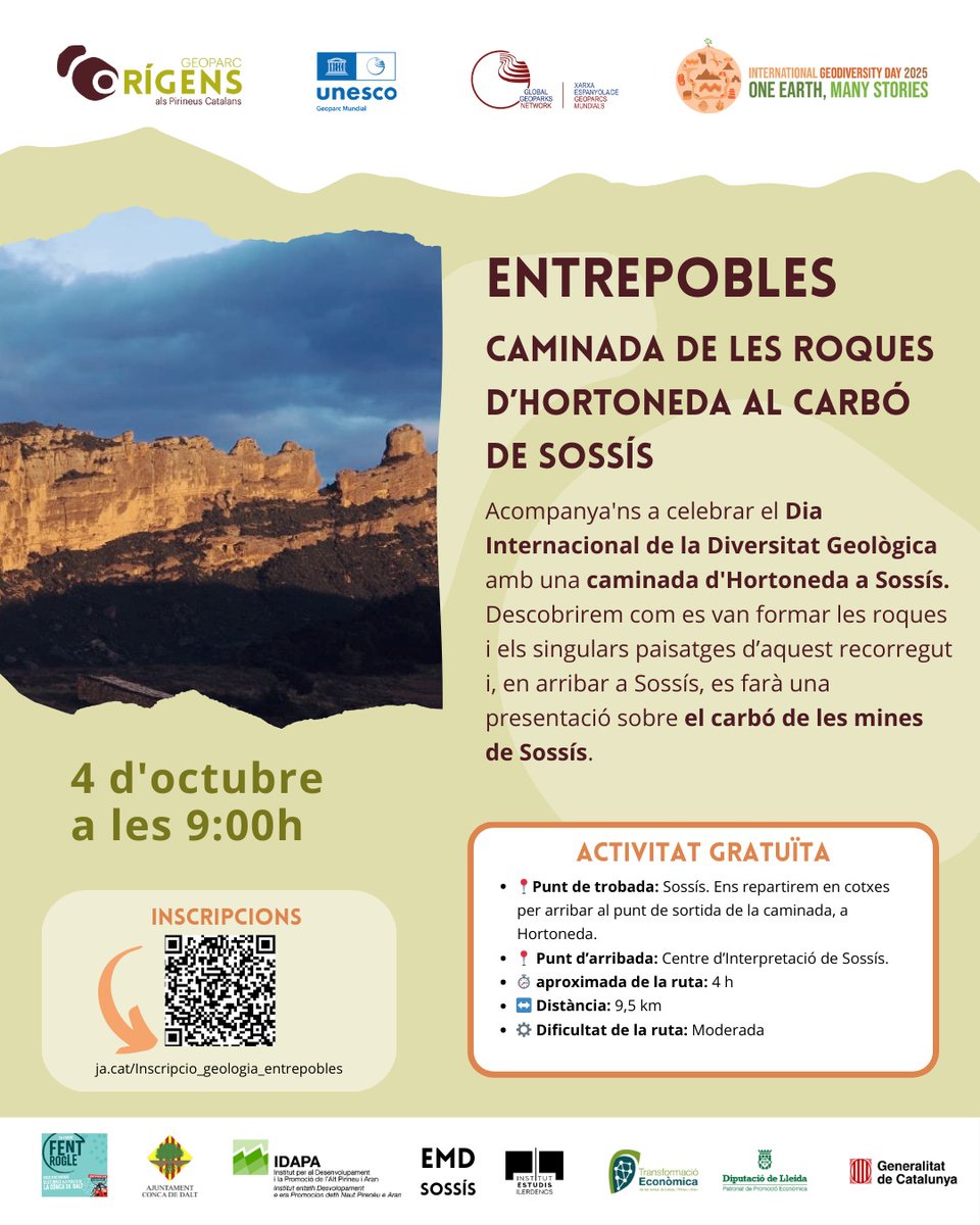 🌍 Celebra el Dia Internacional de la Geodiversitat amb el #GeoparcOrígens!

👣 Caminada d’Hortoneda a Sossís + xerrada sobre el carbó de les mines.

ℹ️ Inscripcions: ja.cat/Inscripcio_geo… 
#GeodiversityDay #UNESCOGlobalGeoparks