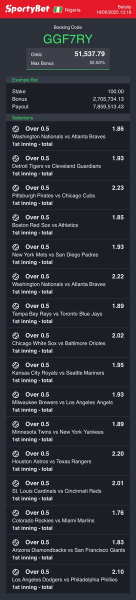 GGF7RY ⚾️ 

50k odds baseball on sportybet