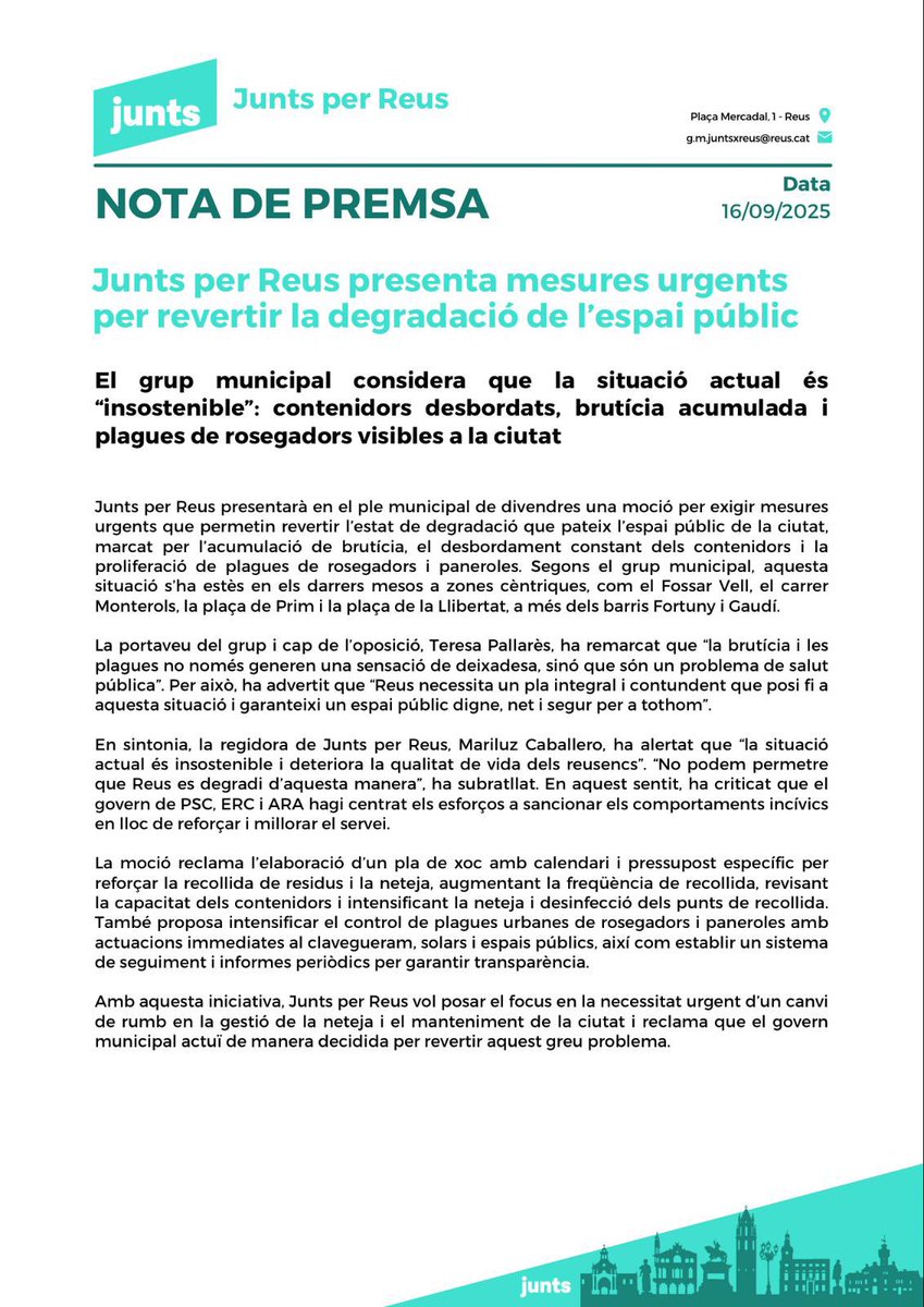 ‼️Presentem mesures urgents
per revertir la degradació de l’espai públic.

⚠️Considerem que la situació actual és
“insostenible”: contenidors desbordats, brutícia acumulada i plagues de rosegadors i paneroles a la ciutat.