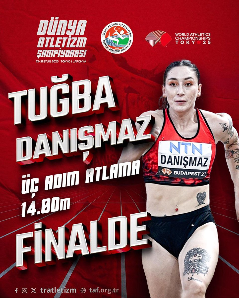 💫Japonya'nın başkenti Tokyo'da düzenlenen Dünya Atletizm Şampiyonası’nın dördüncü gününde üç adım atlama elemelerinde yarışan sporcumuz Tuğba Danışmaz, 14.00m'lik atlayışıyla finale yükselmeyi başardı.🏃🏻‍♀️

📆Tuğba Danışmaz'ın final yarışması Perşembe saat 14.55'de başlayacak.