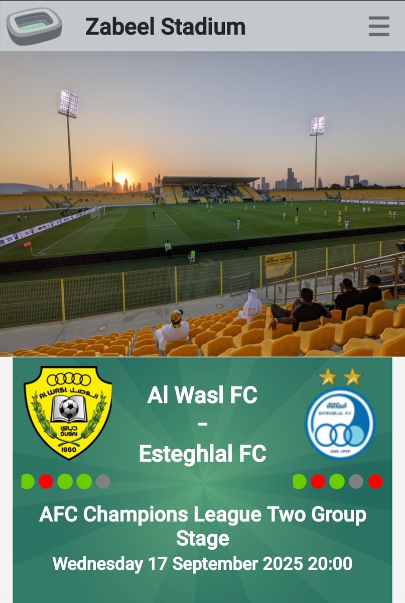 Coming Up 
On Wednesday I will be attending my 1st match outside the UK as I go to watch <a href="/AlWaslSC/">AlWasl SC</a> v Estegalal FC at the Zabeel Stadium in the AFC Champions League 2nd leg.
Looking forward to this game.
#AFCChampionsLeague 
#nonleague #nonleaguefootball #football #youtuber