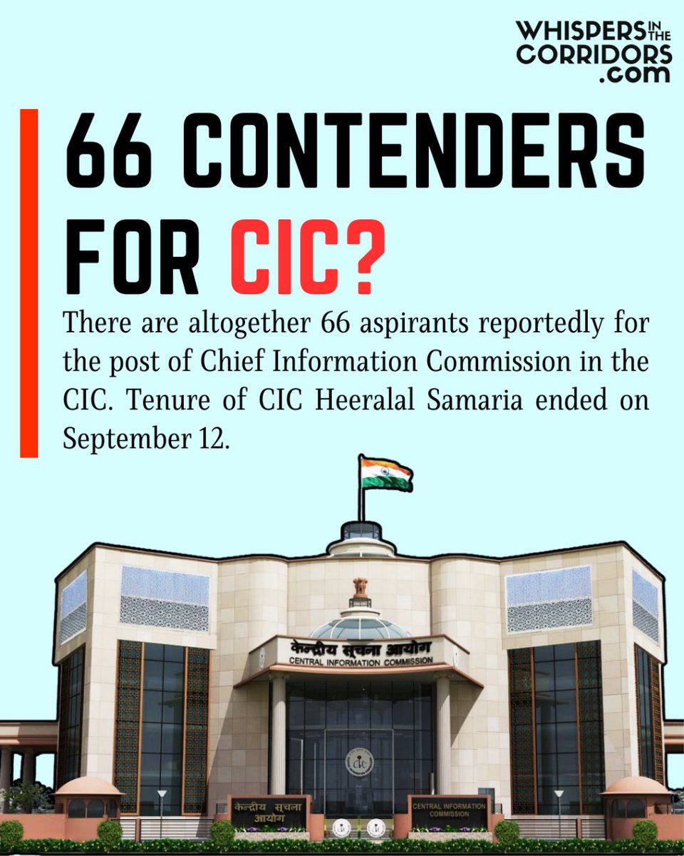 whispersinthec's tweet image. Link: whispersinthecorridors.com
.
.
.
66 contenders for CIC?
 
There are altogether 66 aspirants reportedly for the post of Chief Information Commission in the CIC. Tenure of CIC Heeralal Samaria ended on September 12.
 .
.
.
#ChiefInformationCommission #CIC #HeeralalSamaria