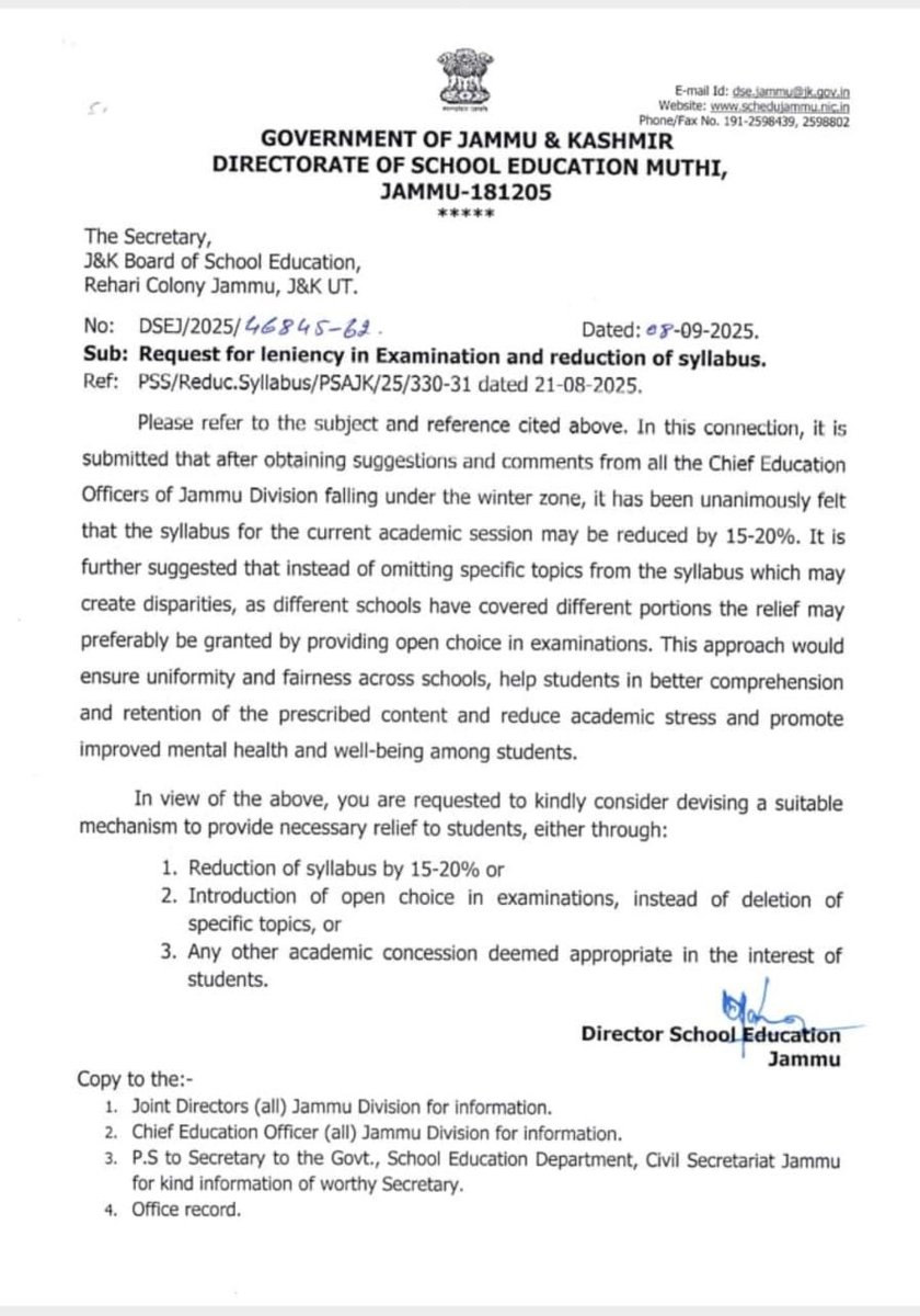 PscCwc's tweet image. The academic loss of the students can,t be compensated but leniency in examination is justified
Proportional weightage or open choice is appropriate instead of reduction in syllabi
Hope #JKBOSE board will consider it and issue circular at an earliest
@SchoolEdujkut
@jkbose_