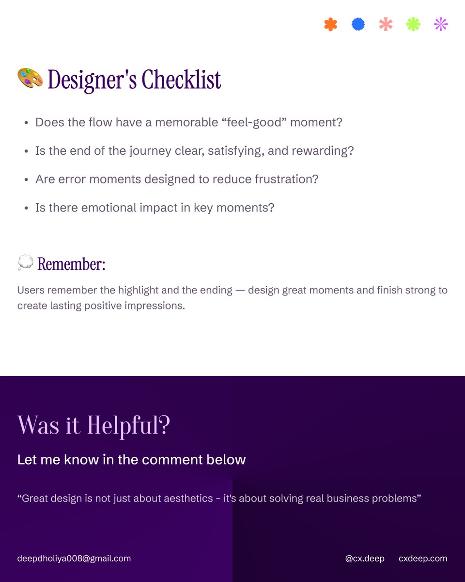 cx_deep_'s tweet image. Users don’t remember the journey — they remember the moments

🔑 UX Law: The Peak-End Rule

They recall:
The peak (best or worst moment)
The end (how it finished)

Your design takeaway:
 ✅ Create delightful peaks (animations, success moments, rewards)
 ✅ End flows smoothly…
