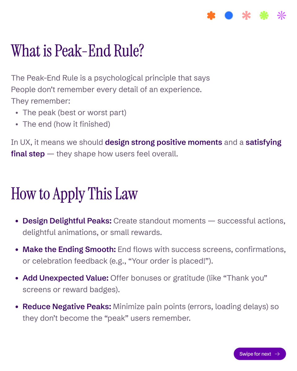 cx_deep_'s tweet image. Users don’t remember the journey — they remember the moments

🔑 UX Law: The Peak-End Rule

They recall:
The peak (best or worst moment)
The end (how it finished)

Your design takeaway:
 ✅ Create delightful peaks (animations, success moments, rewards)
 ✅ End flows smoothly…