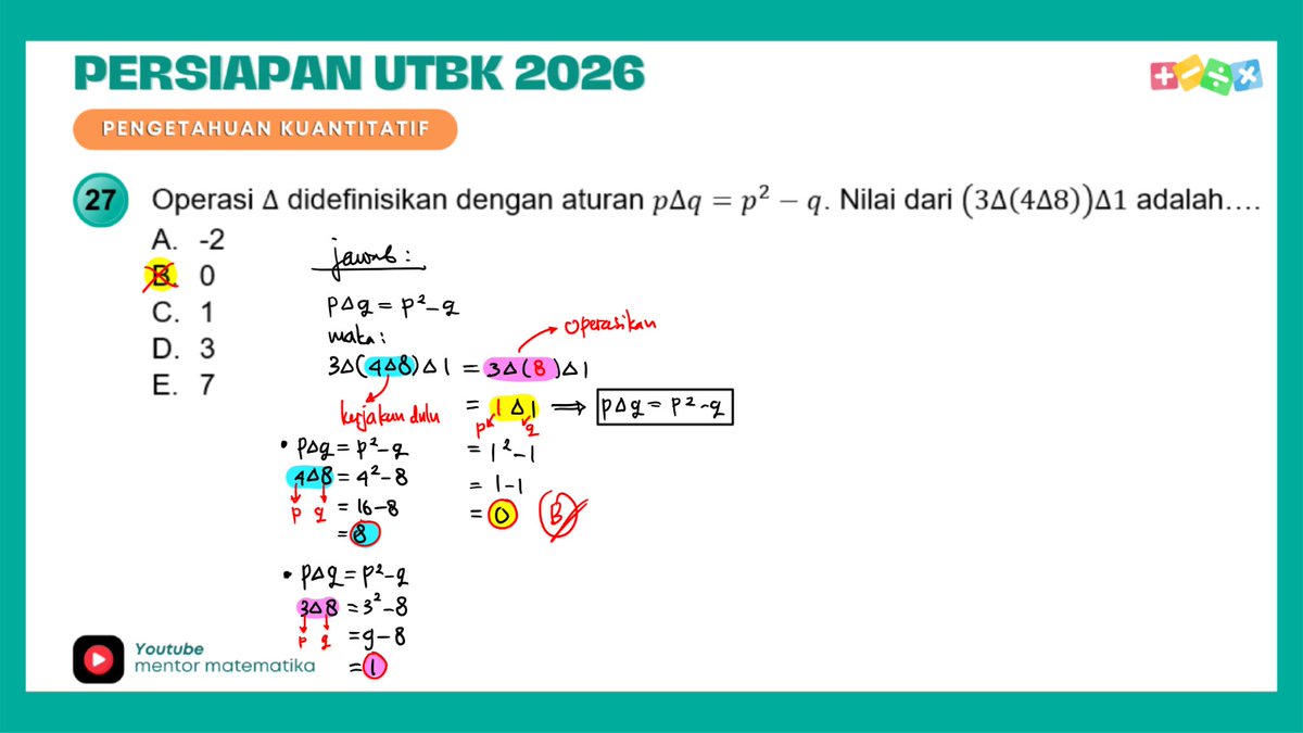 Guru_Les_Ku's tweet photo. Persiapan UTBK 2026
Pengetahuan Kuantitatif (PK)
Soal Nomor 27 : OPERASI BILANGAN

#UTBK
#UTBK2026
#SNBT
#SNBT2026
#MATEMATIKA
#PENGETAHUANKUANTITATIF
#PK
#OPERASIBILANGAN
#AMBIS
#LESONLINE
#BIMBELONLINE https://t.co/BCuhTiZOzj