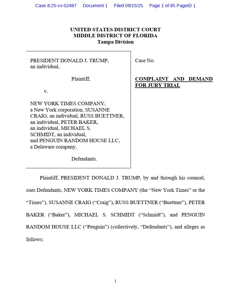 Trump has filed a $15 billion lawsuit against <a href="/nytimes/">The New York Times</a> and several reporters for articles exposing his finances. The suit is part of the Trump admin's broader and rapidly accelerating assault on press freedoms. cnn.com/2025/09/16/med…