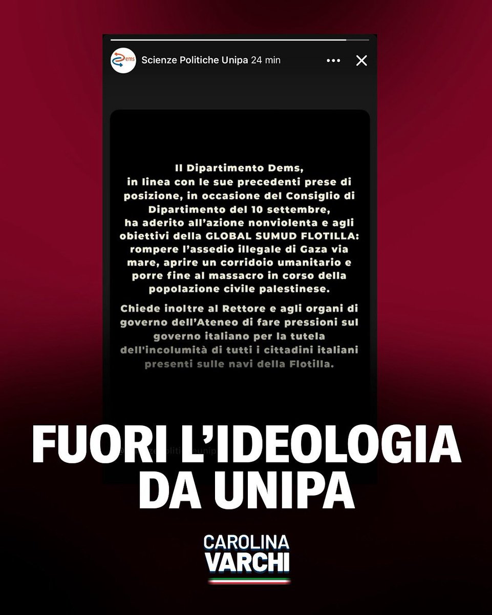 Il Governo Meloni ha garantito tutela alla Flotilla e l’Italia aiuta la popolazione palestinese. Dispiace che un’università statale ignori i fatti: ignoranza o propaganda? In entrambi i casi, atteggiamento grave per un’istituzione pubblica.