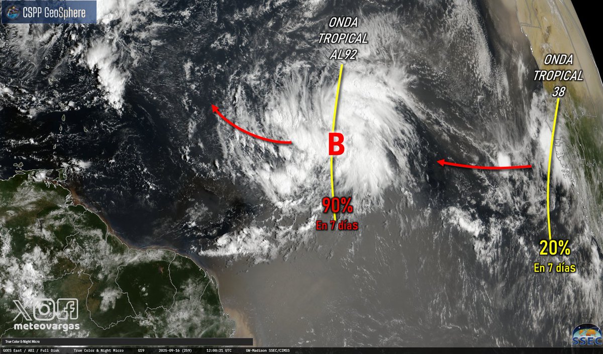 #16Sep El Centro Nacional de Huracanes continúa con la observación de dos ondas tropicales en el Atlántico. La primera de ellas con código de investigación asignado AL92 se encuentra en la porción central de la cuenca y tiene 90% de probabilidades de evolucionar a ciclón