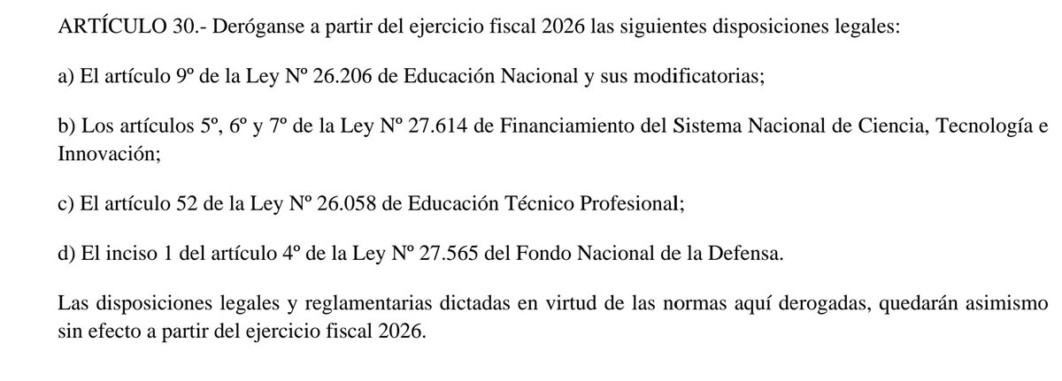 🚨 Muy grave: en el #Presupuesto2026 Milei propone
❌ Derogar la obligación de invertir el 6% del PBI en educación
❌ Derogar el art. 52 de la Ley de Educación Técnico Profesional ( menos presupuesto aún para la #educacióntécnica)
Ya eliminó el #FONID.🧵