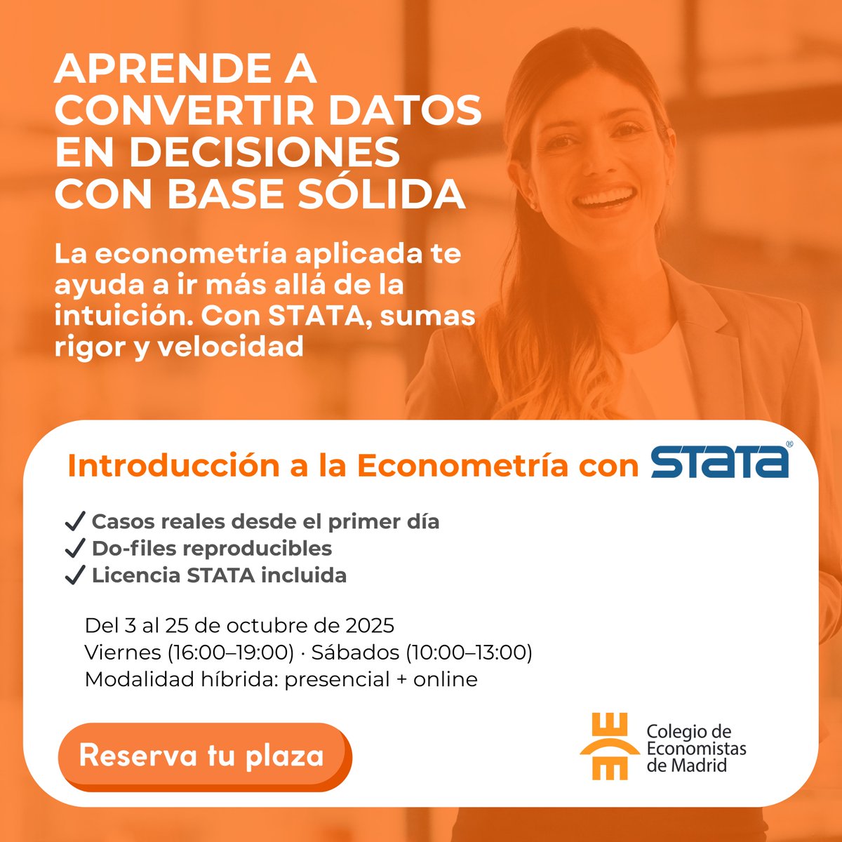 🎯 Del dato a la decisión, con criterio.
Entrena STATA con casos reales y metodología reproducible para consultoría e investigación.
🗓 3–25 oct · Vie/Sáb · 💻 Híbrido
👉 Más información: cemad.es/eventos/introd…