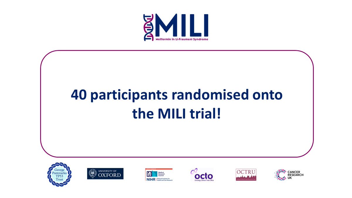 A MILI Milestone: 40 participants randomised onto the trial!
Thank you to all our recruiting sites for your support of the trial.
<a href="/OUHospitals/">OUH</a>, <a href="/GSTTnhs/">Guy's and St Thomas'</a>, <a href="/CUH_NHS/">Cambridge University Hospitals NHS</a>, @nottmhospital, <a href="/NHSGrampian/">NHS Grampian</a>, <a href="/UHSFT/">University Hospital Southampton 💙</a>, <a href="/Leic_hospital/">Leicester's Hospitals</a>
#TP53 #LiFraumeniSyndrome #LFS