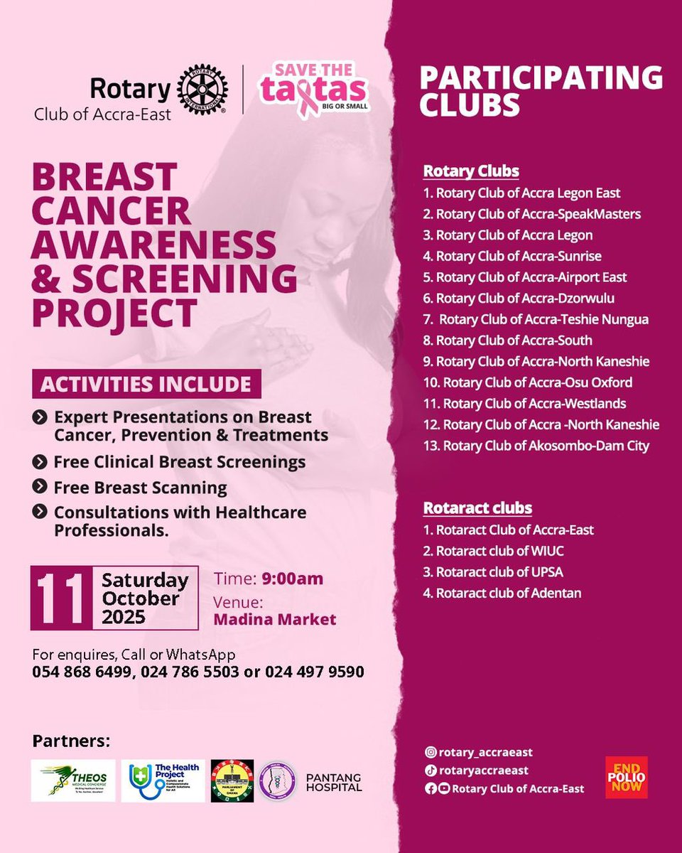 accra_east's tweet photo. 🎀 Your health, your power
Join us for FREE breast cancer screening &amp; consultations 💕
📍 Madina Market | 🗓️ Oct 11 | 🕘 9AM

Let’s fight breast cancer TOGETHER 💪🌸

#RotaryGhana #SaveTheTatas https://t.co/frFHyliC72