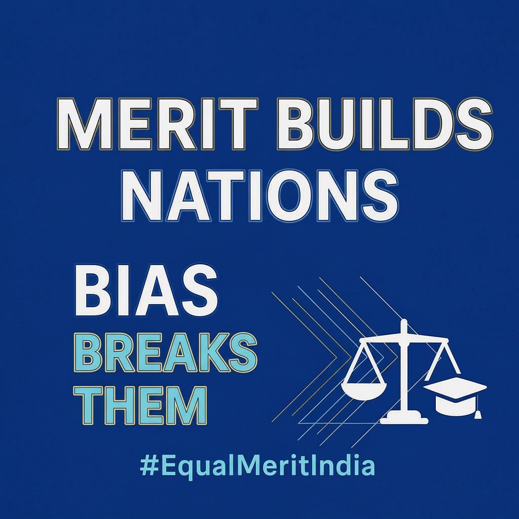EqualMeritIN's tweet image. CALL TO ACTION‼️

Merit builds nations.
Bias breaks them.

It’s time to rethink, reform, and rebuild education for a stronger India 🇮🇳.
Join the movement. ✊
#EqualMeritIndia #YouthForReform #EducationJustice #ReservationDebate #EducationReform #MeritFirst #YouthForChange