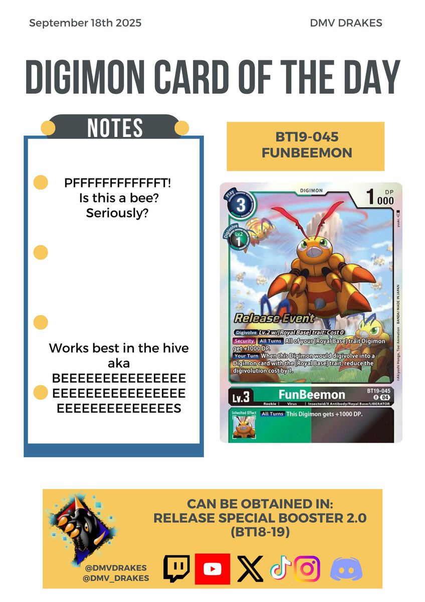 DMV_Drakes's tweet photo. Todays @digimon_tcg_EN Card of the Day
BT19-045 FunBeemon
#DMVDrakes #Digimon #DigimonTCG
#DigimonCardGame #Cardoftheday #COTD
#BT19 #RoyalBase #Liberator https://t.co/nYfjCrAR0y