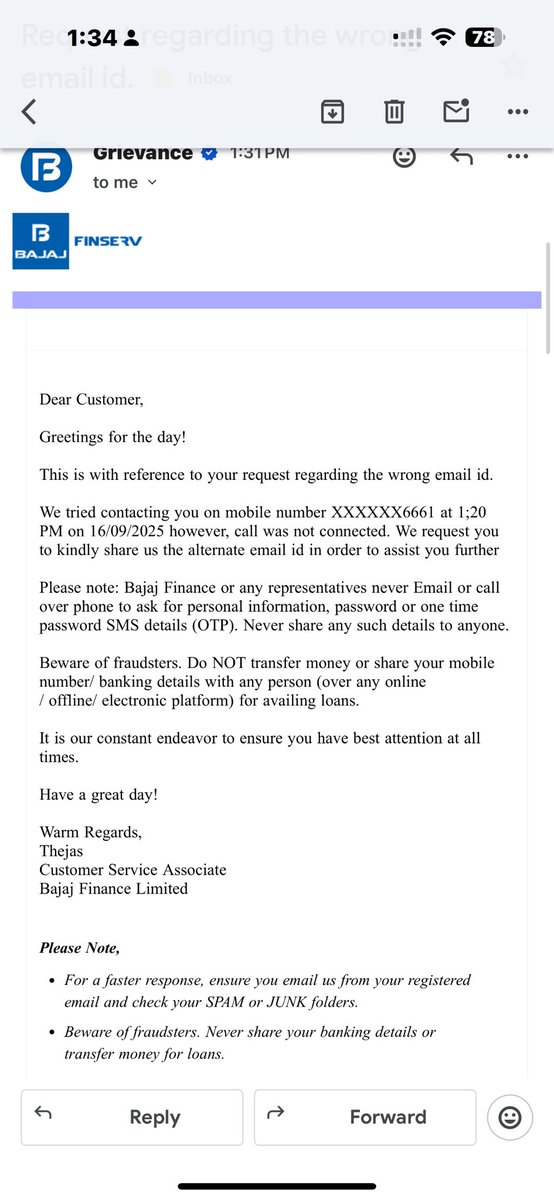 saurabh0283's tweet image. @Bajaj_Finserv outdated systems still can’t verify emails/phone numbers—sending reminders to the WRONG person! In the era of AI, this is shameful from a top lender. #CustomerFail #TechShame