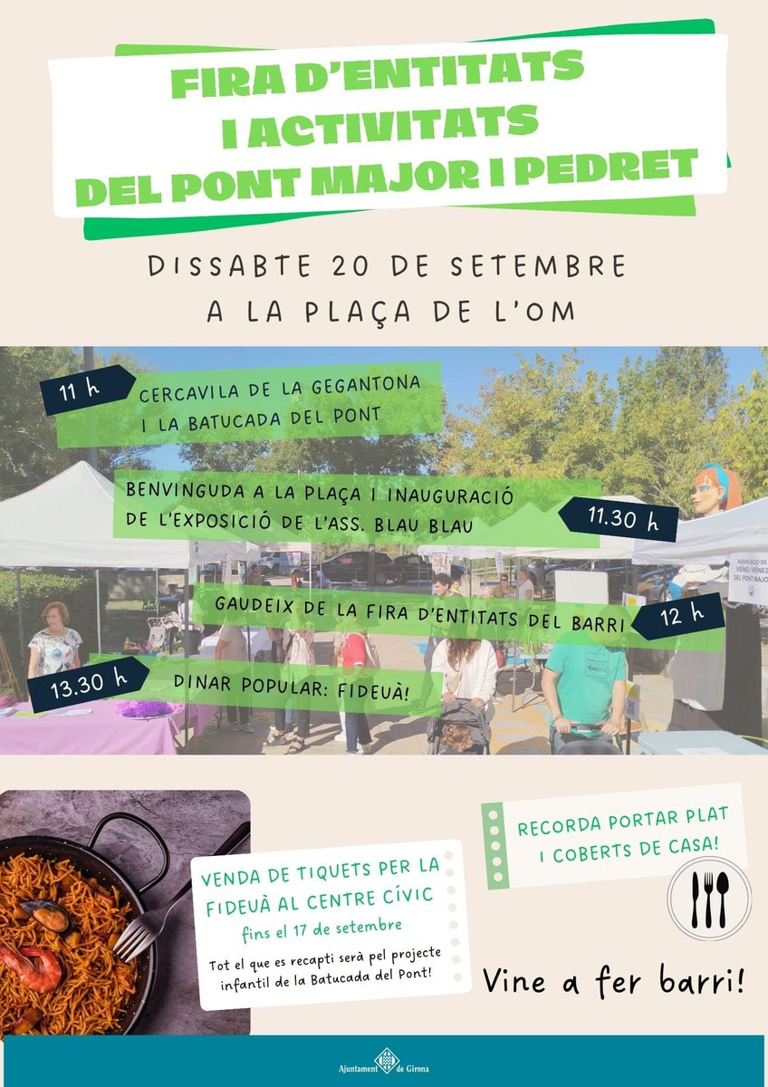 AVPontMajor's tweet photo. Aquest dissabte, el barri de #PontMajor de #Girona bullirà d'activitat:
- Al matí, Fira d'entitats i activitats del barri + dinar popular
- A la tarda, Cantada d'havaneres amb el grup Xicranda
Us hi esperem! https://t.co/TgJgkUKTBZ