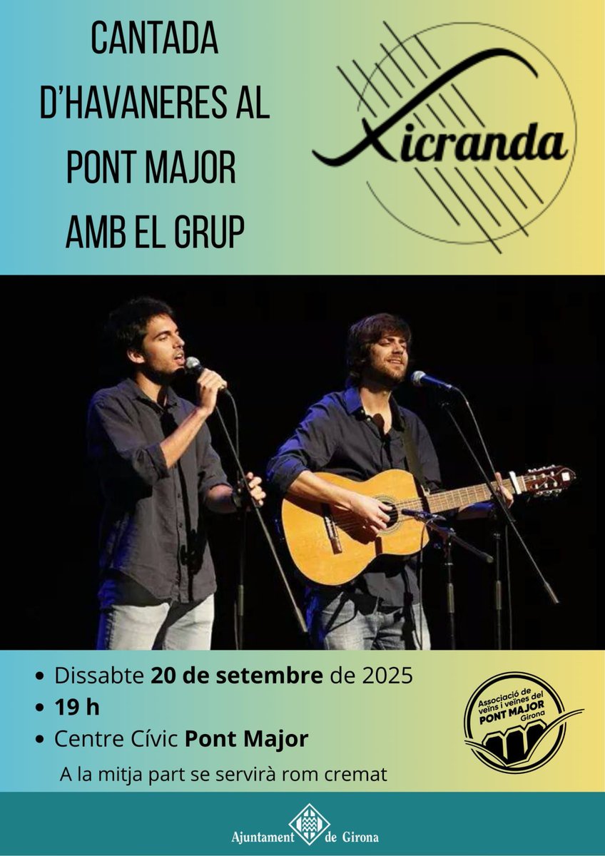 AVPontMajor's tweet photo. Aquest dissabte, el barri de #PontMajor de #Girona bullirà d'activitat:
- Al matí, Fira d'entitats i activitats del barri + dinar popular
- A la tarda, Cantada d'havaneres amb el grup Xicranda
Us hi esperem! https://t.co/TgJgkUKTBZ