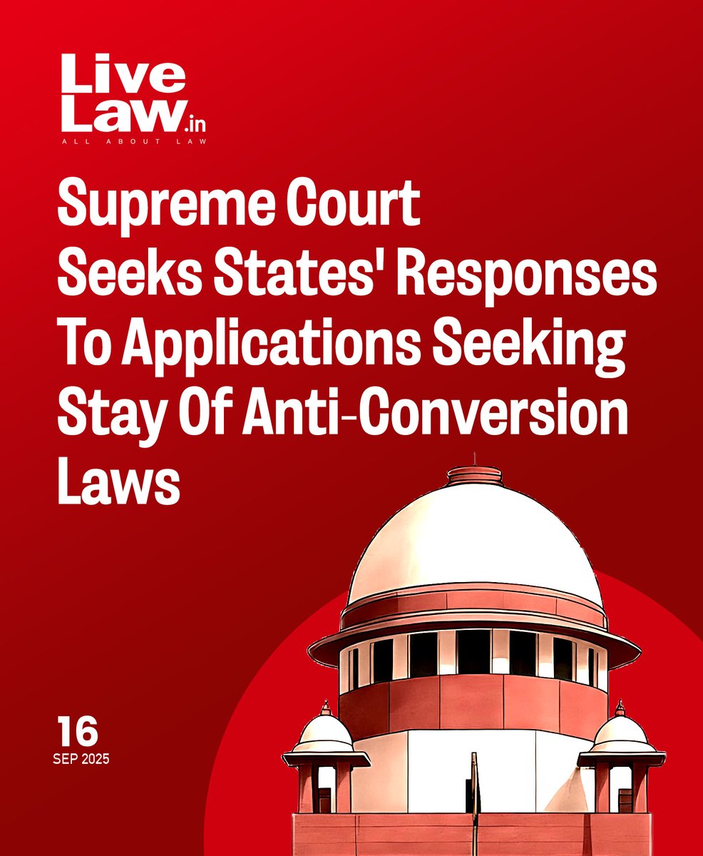 LiveLawIndia's tweet image. The States such as UP, Haryana, MP, Gujarat, Haryana, Uttarakhand, HP etc were given 4 weeks &apos; time for their responses.
Read more: tinyurl.com/ywrbdh2z
#SupremeCourt #AntiConversionLaws