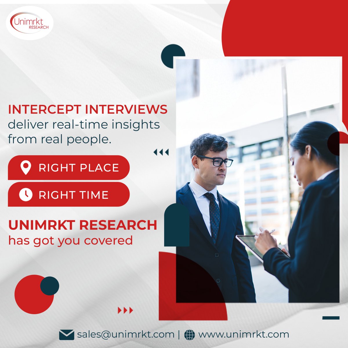 With Intercept Interviews, Unimrkt Research captures real-time insights from real people, exactly when and where you need them.

✨ Right Place. Right Time, Intercept Interview that captures in-the-moment insights. 📩 Connect with us at sales@unimrkt.com to know more.

​#Unimrkt