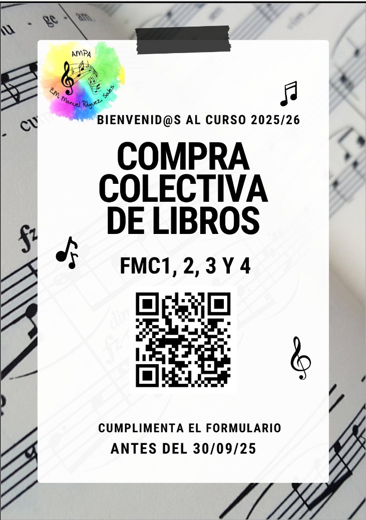 Un año más, colaboramos con la escuela de música en la compra y distribución de los libros de FMC

Cumplimenta el formulario y la cesión de compra, y a por otro curso cargado de música!! 😊🎼🎵🎶

#EscuelaConservatorioMRS