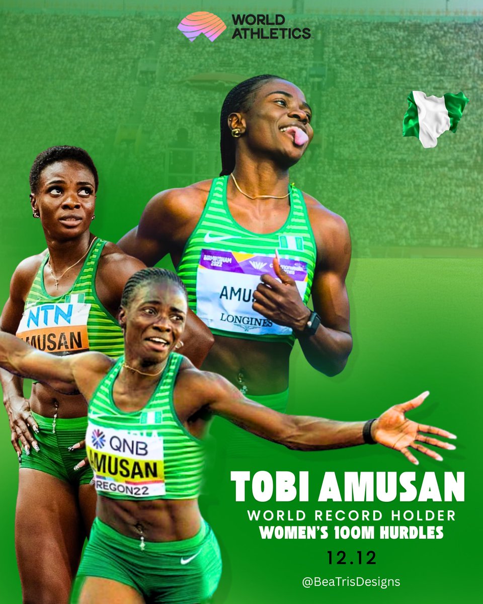 IbBeatrice's tweet image. Day 1 DesignNation Task ✅

A bold &amp;amp; energetic poster celebrating Tobi Amusan 
Nigeria’s world record holding hurdler (100m hurdles, 12.12s).

Loved bringing this to life while repping green + white with pride. 🇳🇬

#DesignNation