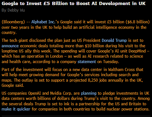 TortoiseCapital's tweet image. Headline about Google to invest 5bn caught my attention, as 5bn is rounding error for megacap companies AI investment these days. Hadn't noticed the £ sign upfront and the full headline (... in UK). Now it makes sense, although still sad that £5bn investment for UK is newsworthy.