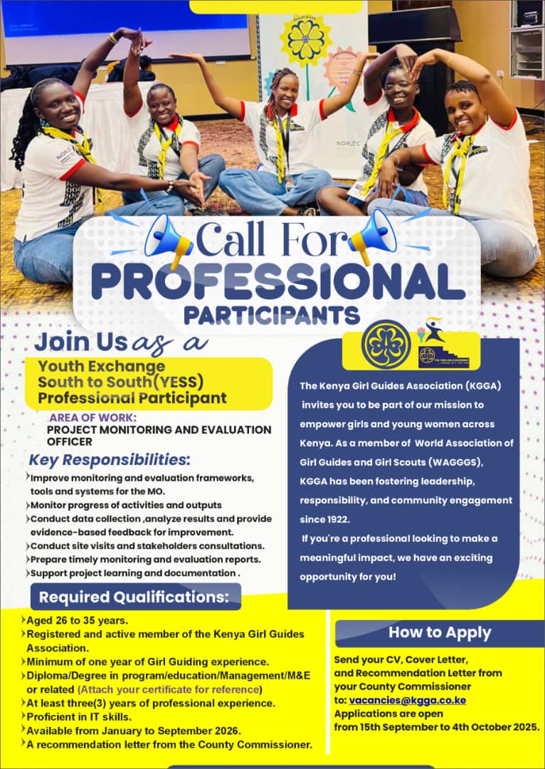 KenyaGirlGuides's tweet photo. πβ¨ Applications Open! β¨π
Join the YESS Programme 2026 with KGGA!
π©π½βπΌ Professionals (26β35): M&E focus
ππ½ββοΈ Volunteers (18β25): Community projects
π
JanβSept 2026
π© Apply by 4 Oct 2025 β vacancies@kgga.co.ke
#KGGA #YESSProgramme #GirlsCreatingABetterWorld https://t.co/qgLXHceJNr