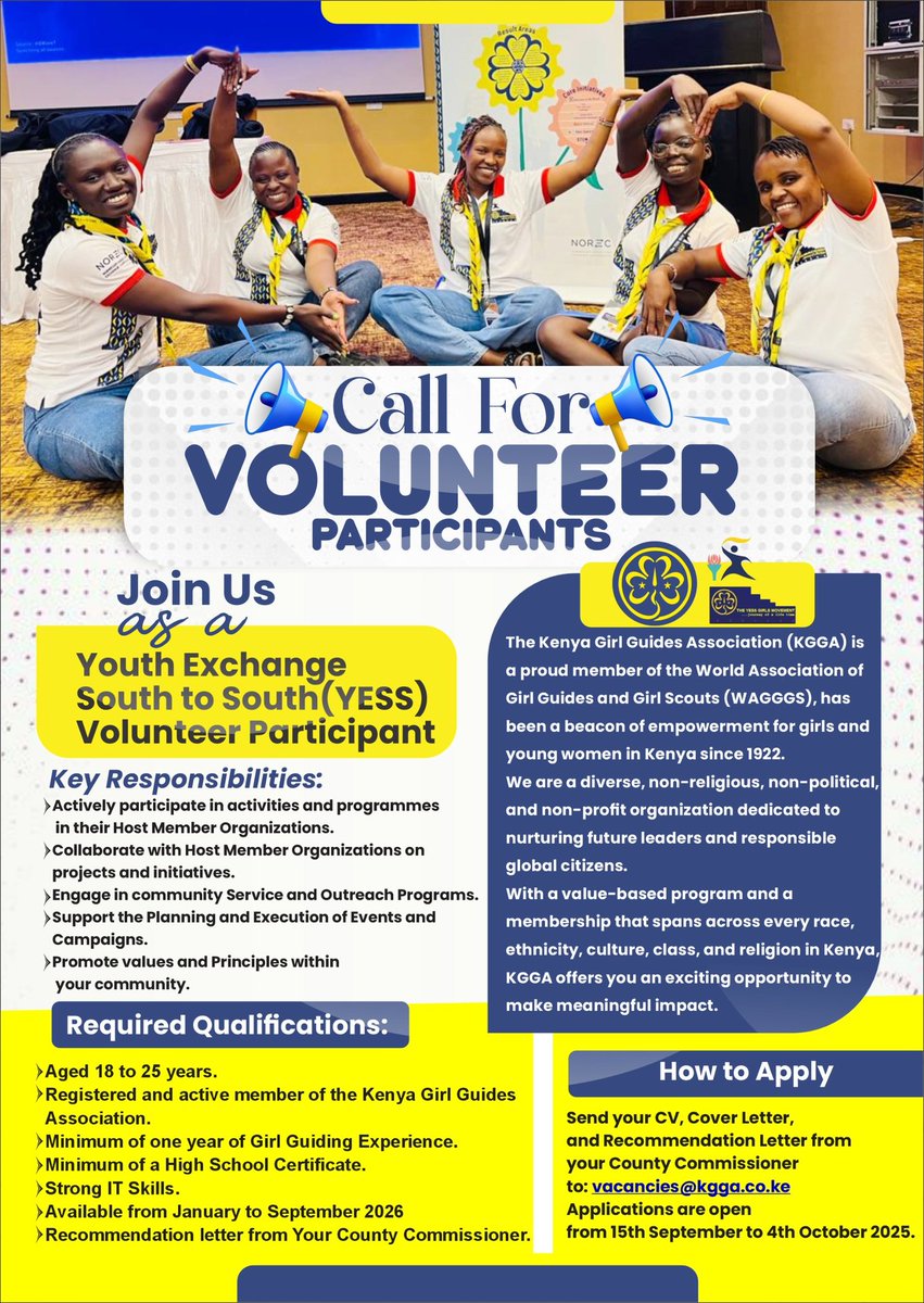 KenyaGirlGuides's tweet photo. πβ¨ Applications Open! β¨π
Join the YESS Programme 2026 with KGGA!
π©π½βπΌ Professionals (26β35): M&E focus
ππ½ββοΈ Volunteers (18β25): Community projects
π
JanβSept 2026
π© Apply by 4 Oct 2025 β vacancies@kgga.co.ke
#KGGA #YESSProgramme #GirlsCreatingABetterWorld https://t.co/qgLXHceJNr