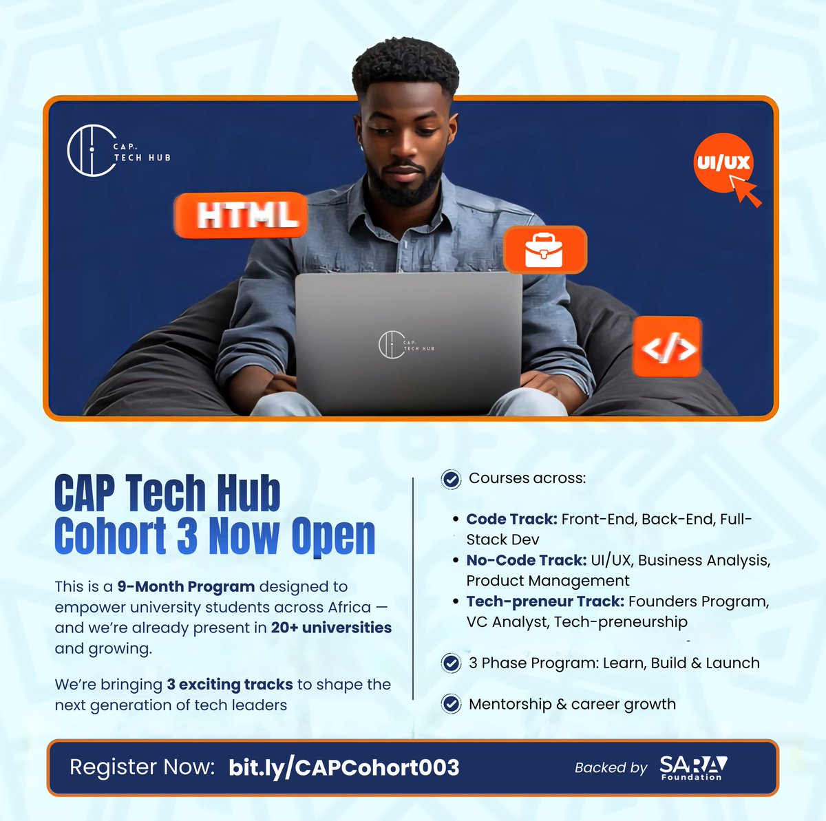 Sarafoundations's tweet image. Dreaming of a career in tech but don’t know where to start?

CAP Tech Hub Cohort 3 is here!
9 months of learning, building &amp;amp; launching with expert mentors — plus a massive scholarship to make it possible.

👉 Register: bit.ly/CAPCohort03
#CAPTechHub #Cohort3 #Learn