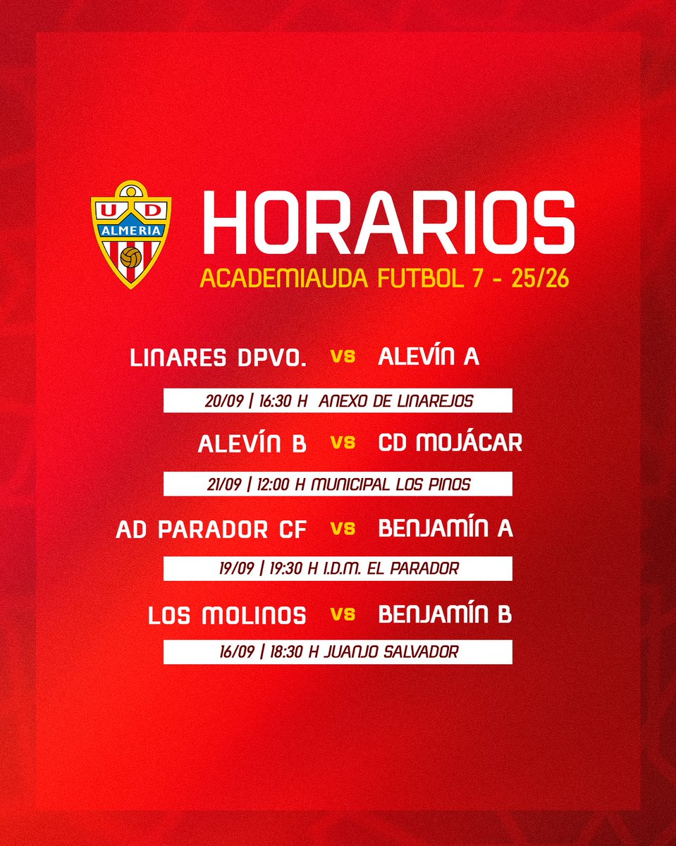 AcademiaUDA's tweet image. 📝 Ya tenemos confirmados los horarios de los equipos que forman parte de la #AcademiaUDA 🔴⚪️

¡Más conjuntos comienzan sus respectivas competiciones! 💪

¡Mucha suerte a todos! 🤩