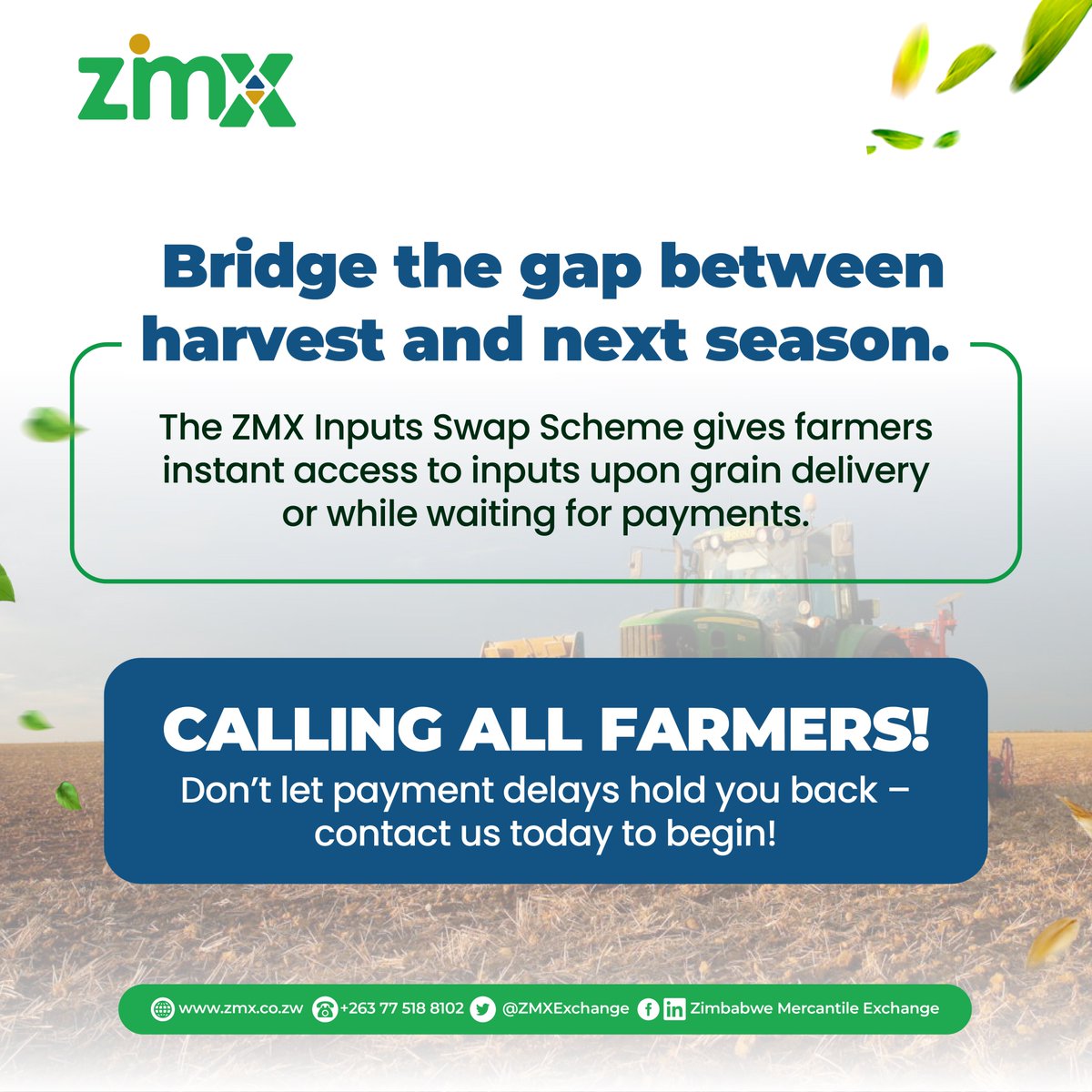 𝐖𝐇𝐄𝐀𝐓 𝐅𝐀𝐑𝐌𝐄𝐑𝐒, 𝐃𝐈𝐃 𝐘𝐎𝐔 𝐊𝐍𝐎𝐖?
With the ZMX Inputs Swap programme, you can instantly access inputs as soon as you deliver your grain—no more waiting for payments!
Don’t let delays slow you down—contact us today to get started!
#ZMX #inputswap #walalawasala