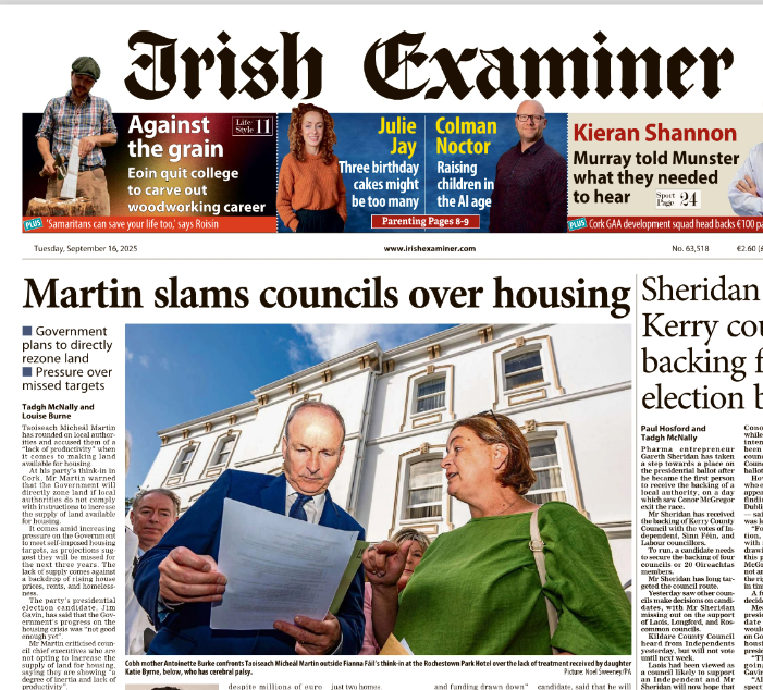 Photos I took at Fianna Fáil’s annual think-in landed a few front pagers today. Antoinette Burke confronted An Taoiseach over the lack of treatment received by her daughter Katie, who lives with cerebral palsy. For @pamediaimages <a href="/IrishTimes/">The Irish Times</a> <a href="/irishexaminer/">Irish Examiner</a> <a href="/echolivecork/">EchoLive.ie</a>