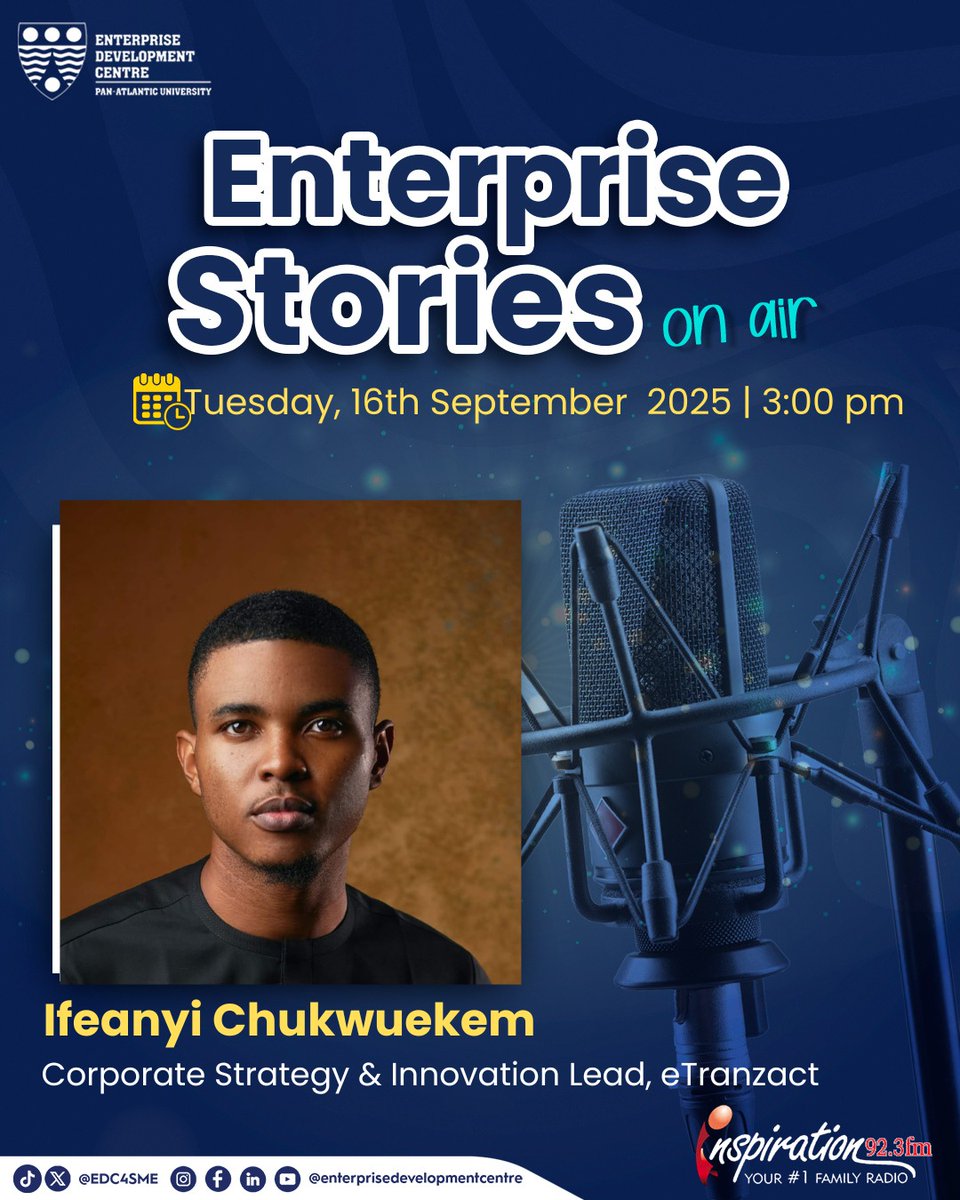 This week on Enterprise Stories, we spotlight Ifeanyi Chukwuekem, Corporate Strategy &amp; Innovation Lead at <a href="/eTranzactPLC/">eTranzact PLC</a>  

Join us today, Tues 16th Sept at 3:00 PM on Inspiration 92.3 FM as he shares his journey of overcoming challenges &amp; driving impact. 🚀

#EnterpriseStories