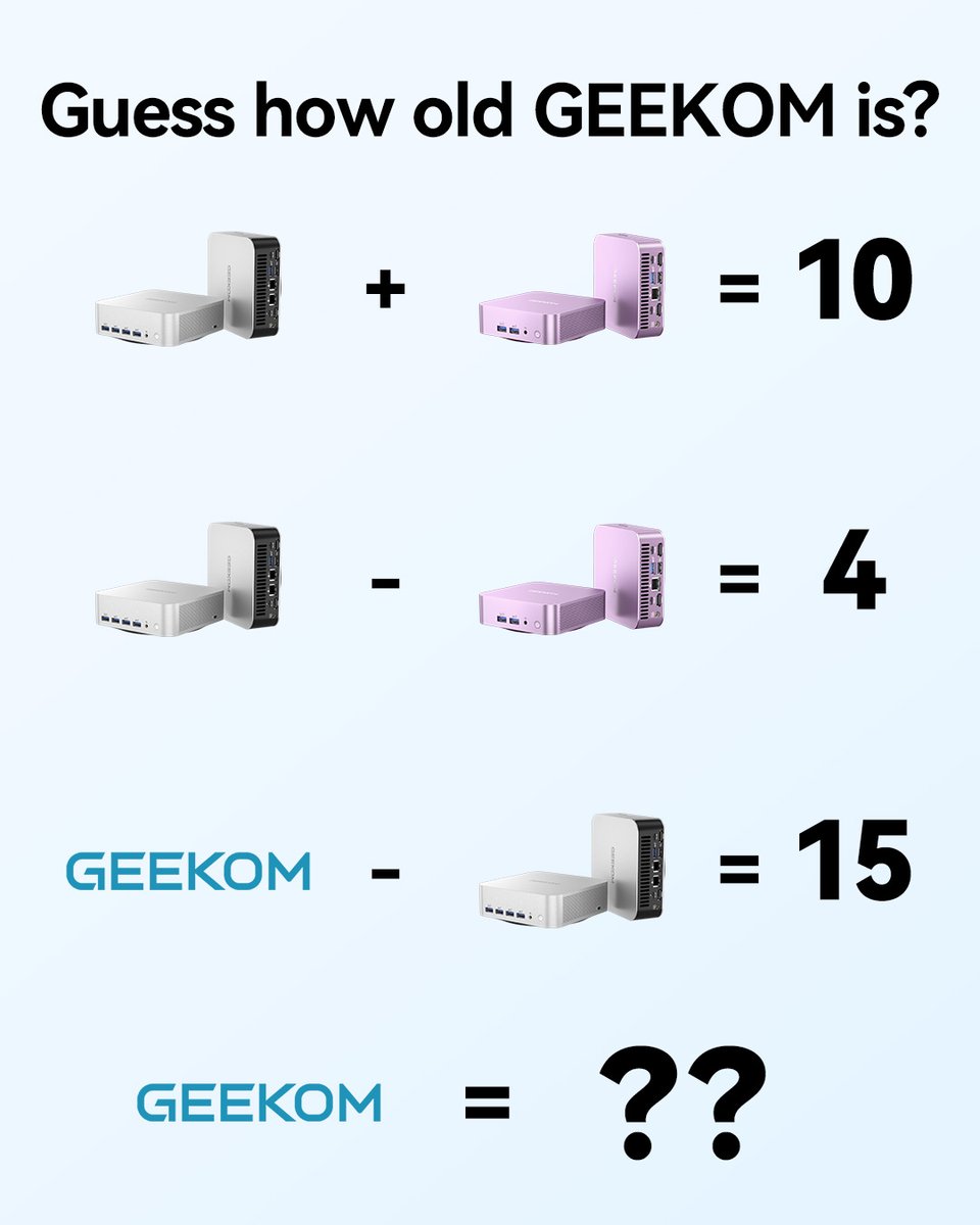 geekompc's tweet image. Time for a little brain teaser 🧠:
GEEKOM is officially _??_ years old this year.
Check our official website🔗geekompc.com
----
#GEEKOM #MiniPC #tech #computer #teaser #calculate #mathchallenge #TechHumor