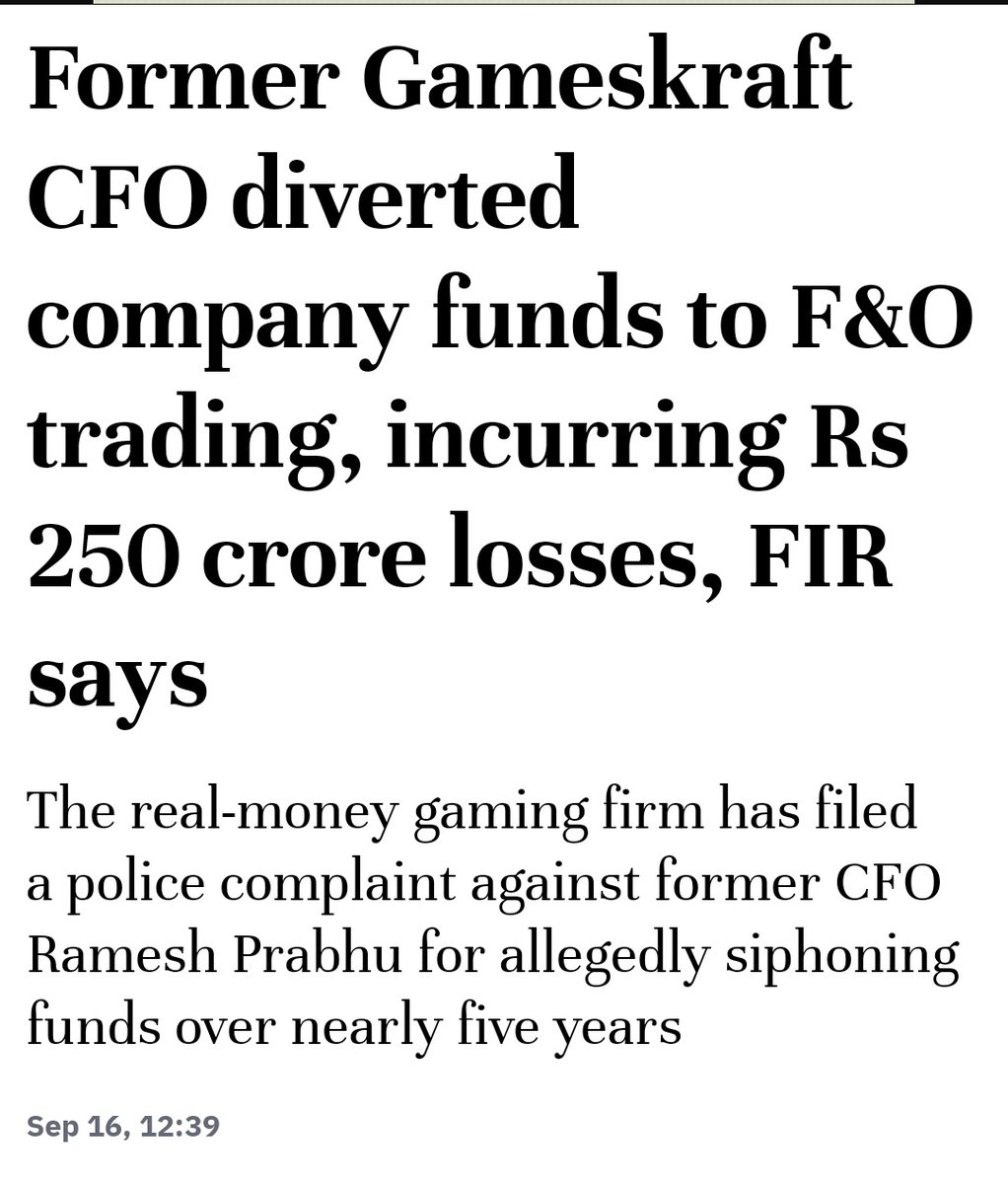datta_arvind's tweet photo. This one beats everything.

Company CFO diverted company funds into F&amp;O trading and lost ₹250 Crores. https://t.co/kbPylhcS3a