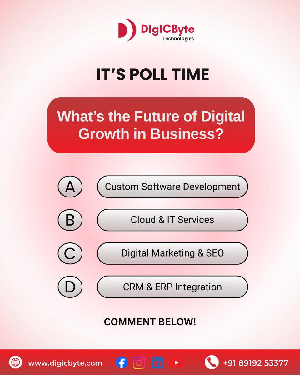 digicbyte_tech's tweet image. The future of digital growth is here!
From custom software to cloud solutions, digital marketing, & CRM/ERP integration, every tool shapes how businesses grow.
Which will drive the next big leap?
#DigiCByteTech #DigitalTransformation #TechForBusiness #BusinessGrowth #Innovation