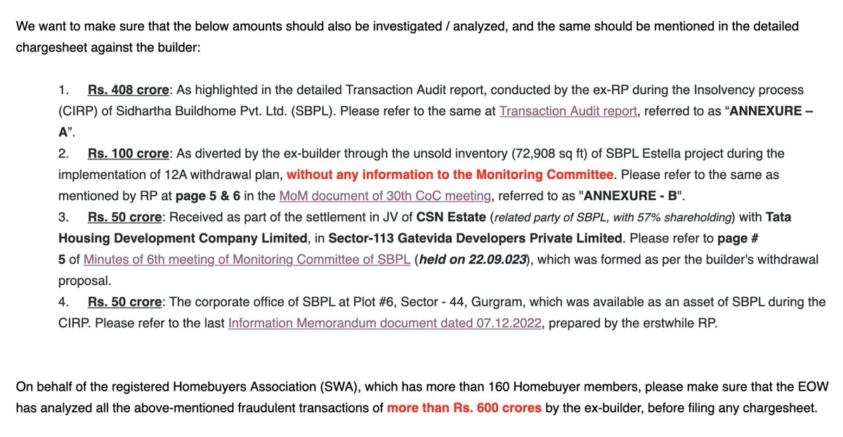 <a href="/EOWDelhi/">Economic Offences Wing, Delhi</a> <a href="/FT/">Financial Times</a> <a href="/PMOIndia/">PMO India</a> <a href="/narendramodi/">Narendra Modi</a> <a href="/AmitShah/">Amit Shah</a> <a href="/arjunrammeghwal/">Arjun Ram Meghwal</a> <a href="/nsitharaman/">Nirmala Sitharaman</a> <a href="/NayabSainiBJP/">Nayab Saini</a> <a href="/ndtv/">NDTV</a> <a href="/ZeeNews/">Zee News</a> <a href="/DainikBhaskar/">Dainik Bhaskar</a> <a href="/SadhnaNews24X7/">Sadhna News 24x7</a> <a href="/dir_ed/">ED</a> Pls be available on 20 Sep, for representation in the chargesheet case against builder, to strongly present the PMLA charges &amp; request for arrest of the builder

Builder has siphoned-off Rs. 600 crores &amp; yet he is allowed to oppose our resolution

#JusticeForSBPLbuyers
