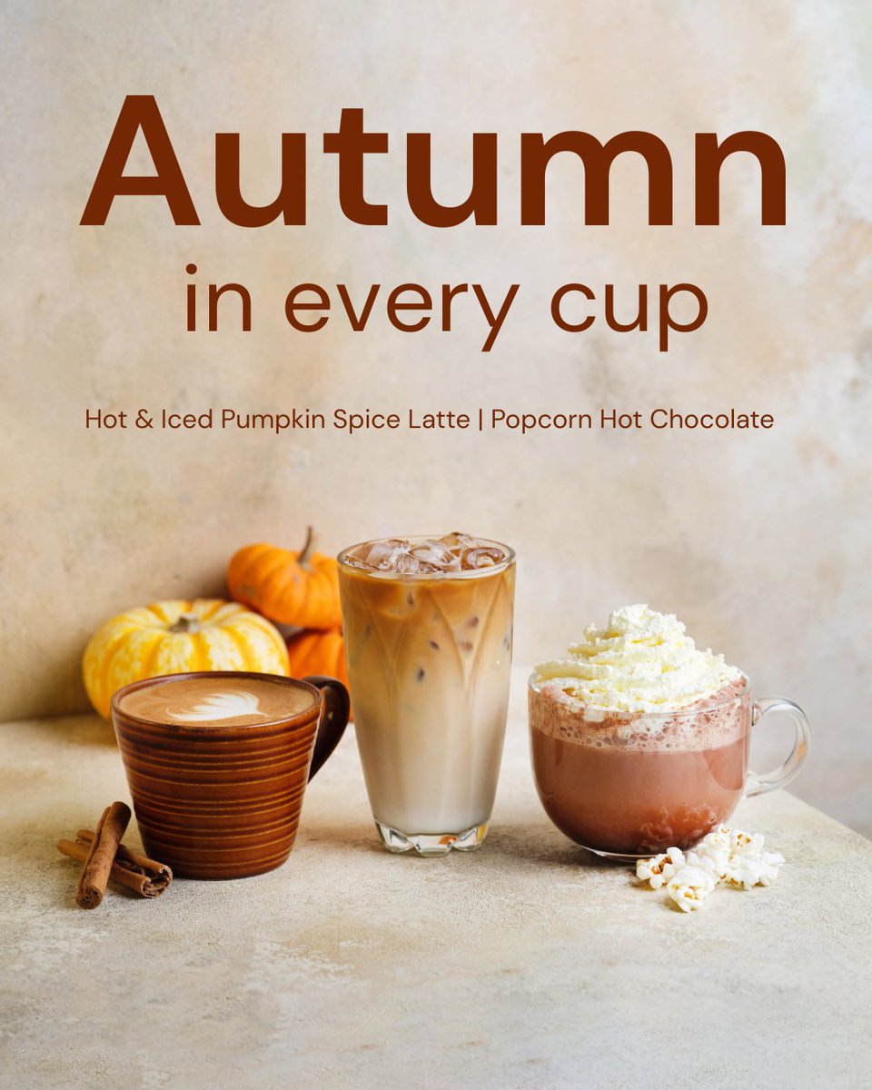 JavaRepublic's tweet image. The seasons are changing and so is our menu! Introducing our Autumn Drinks 🍂 Try a classic Pumpkin Spice Latte (hot or iced!) or our new Popcorn Hot Chocolate. ☕
Now available at our Ballycoolin and Molesworth Street cafés. Want to add them to your menu? Call us at 01 880 9300