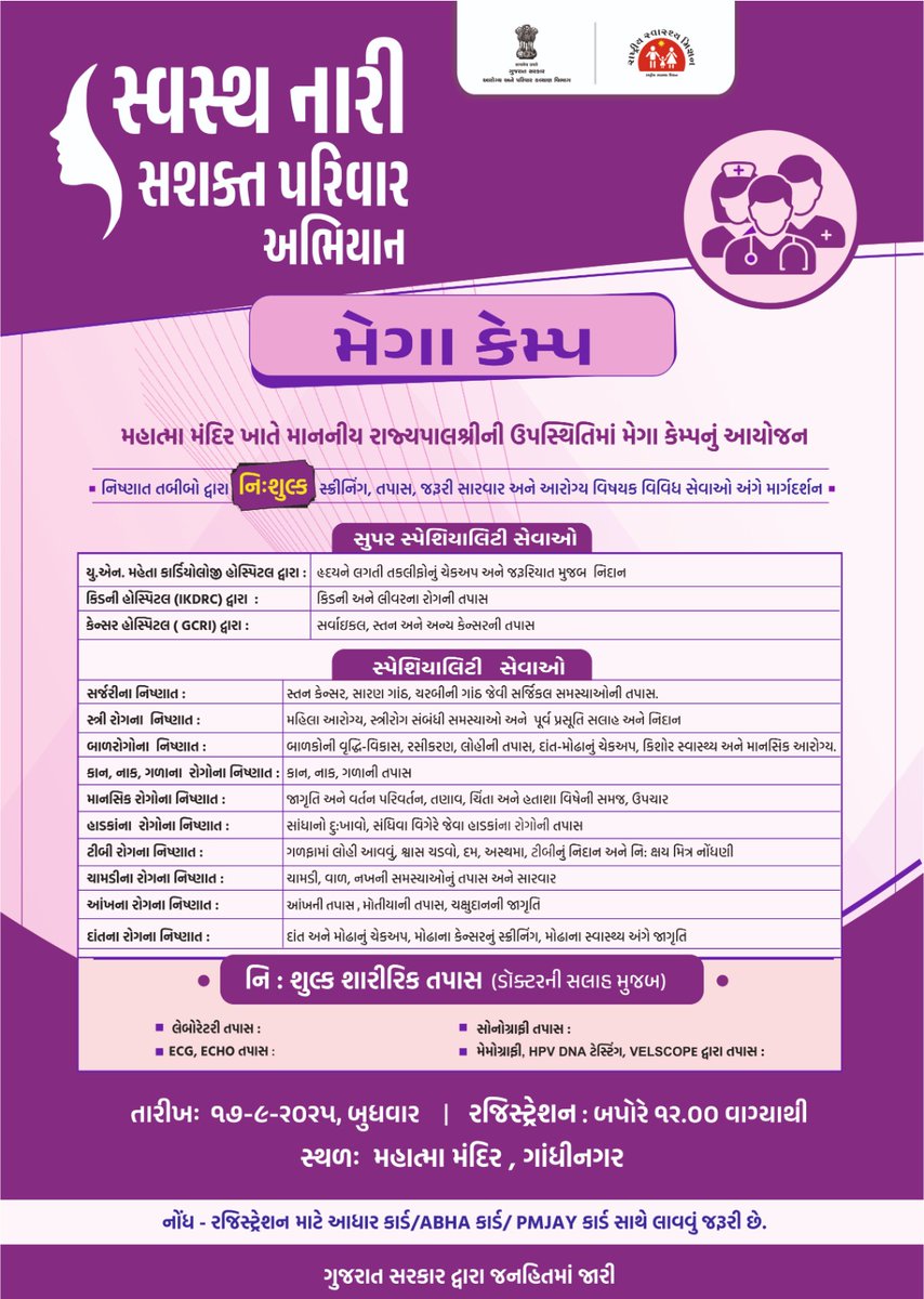 HealthDeptGuj's tweet photo. મેગા કેમ્પનું આયોજન...
સ્વસ્થ નારી સશક્ત પરિવાર અભિયાન

#swasthnarisashaktparivar
#healthyindia
#SNSPA
#spreadawareness 

@CMOGuj 
@MoHFW_INDIA 
@JPNadda 
@AnupriyaSPatel https://t.co/t9eMN3oObi