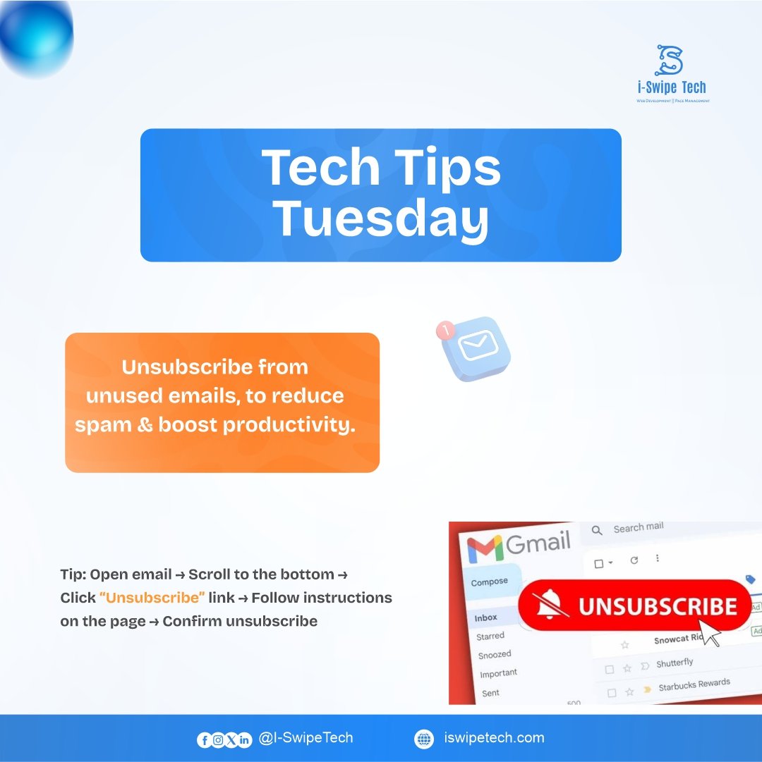 ISwipeTech's tweet image. Too many emails? Unsubscribe from unused lists.
•  Boost productivity
• Reduce spam
• Stay secure

 When did you last declutter your inbox?

#ICTAcademy #ISwipeTech #DigitalSkills #TechSkills #DigitalSolution #TechTip