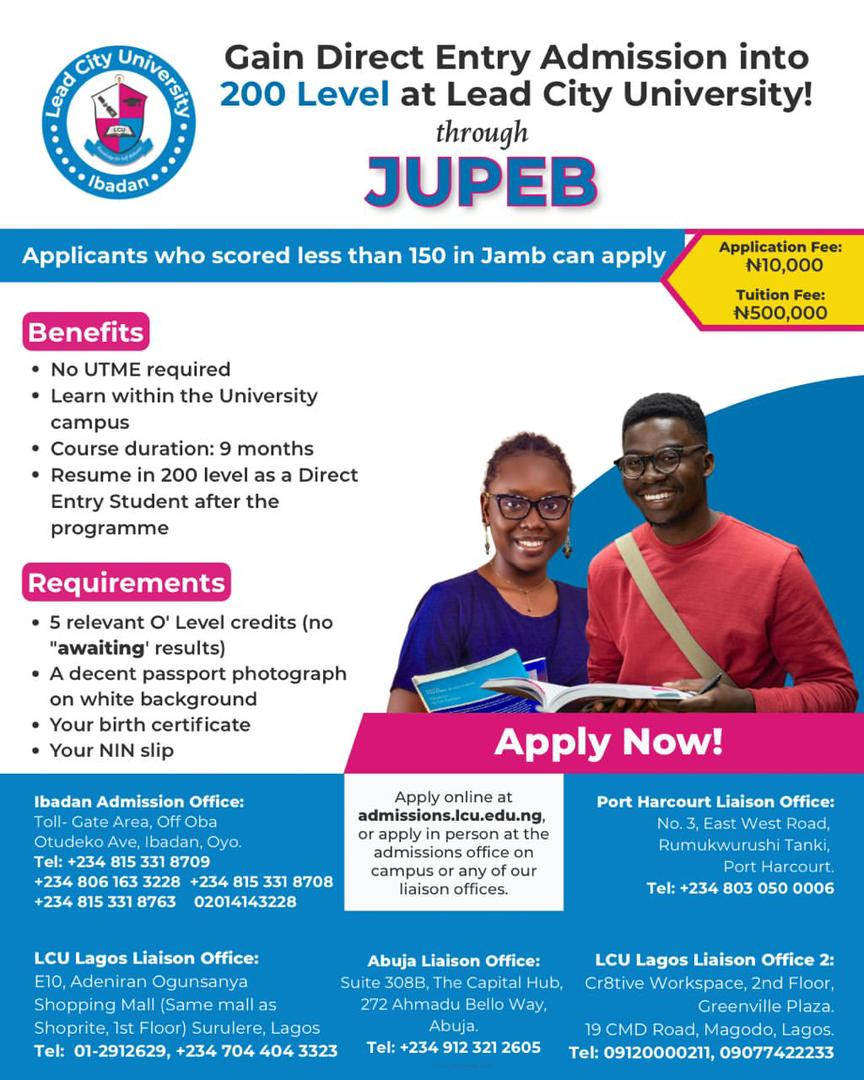 lcuadmissionabj's tweet photo. JUPEB Admission
2025/2026 is Ongoing!
Gain admission into your desired Course without JAMB through the
JUPEB program.
📍Visit our Abuja Liaison Office:
Suite 308B, The Capital Hub, 272
Ahmadu Bello Way, Abuja
📞For enquiries, call: 09123212605 https://t.co/qfpTlONMn7