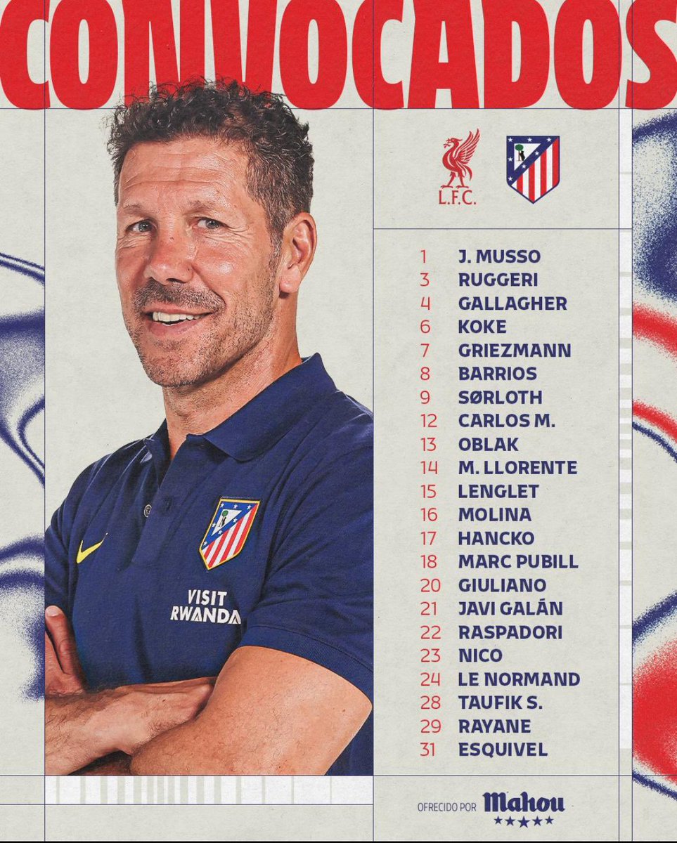 ✈️El Atlético, en cuadro para Anfield.

❌Julián, Cardoso, Baena, Almada, Giménez.