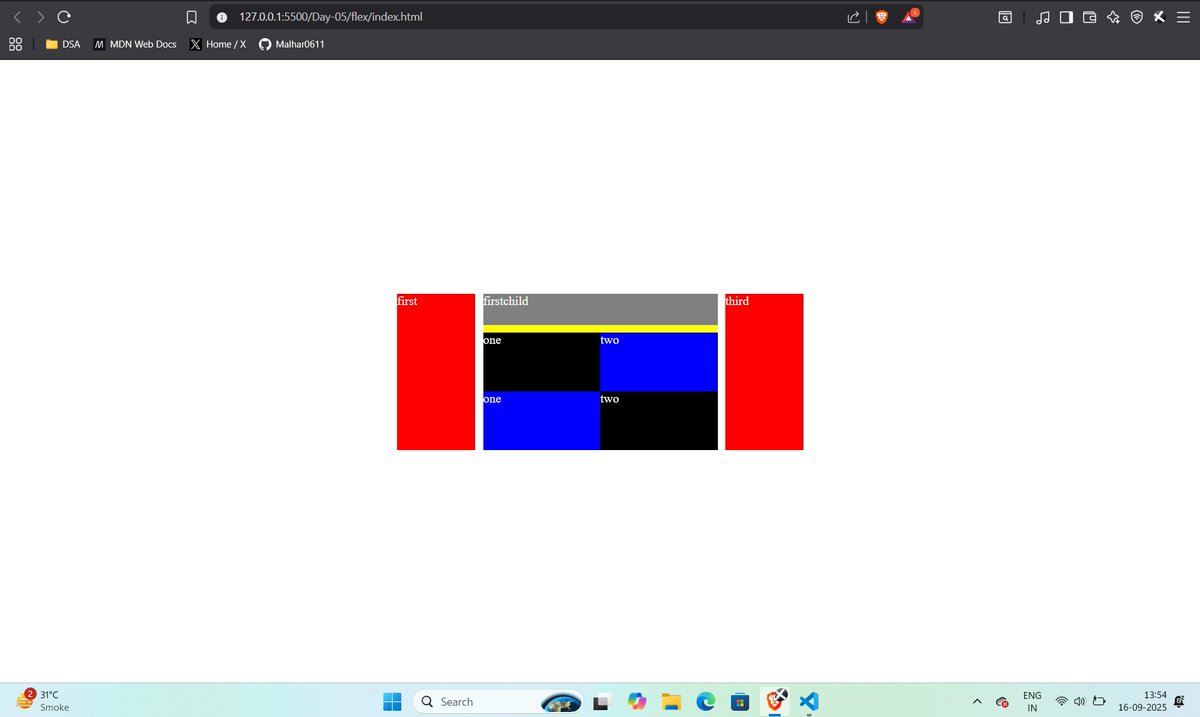 codewithmalhar's tweet image. Tried copying the same layout using flexbox ,happy that I achieved the task and required more css and html than using grid. From this task i came to know why the concept of grid came into the picture.
Thank you @rohit_negi9 for providing this course.
#WebDevelopment #coderarmy