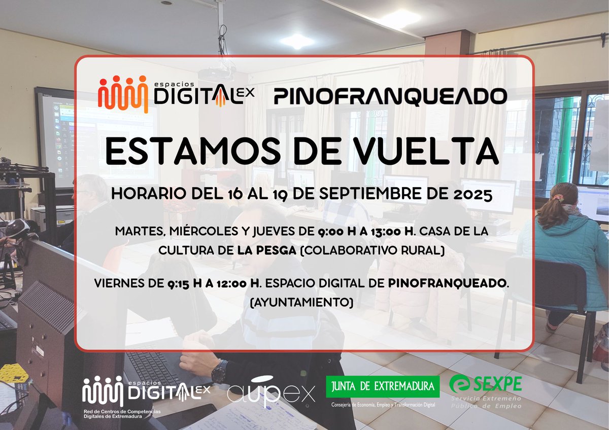 nccpino's tweet photo. Volvemos con las pilas cargadas y nos ponemos en marcha. 
Comenzamos: 
1⃣Colaborativo Rural (La Pesga).  
2⃣Talleres de aCreDita (Acredita tus competencias digitales)
Más información en: 
☎️ 927 67 41 81 (Yolanda)
📩yolanda@espaciosdititalex.org https://t.co/Q3obUl6Mfa
