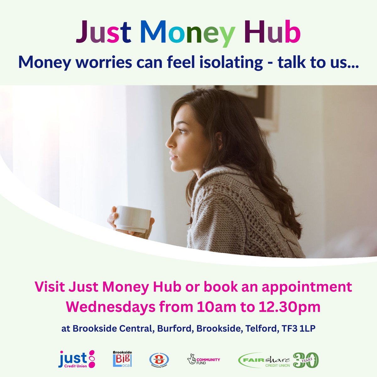 FAIRshare_CU's tweet photo. Imagine being able to talk money with someone who understands in confidence... You can with Just Money Hub @BrooksideCentra  every Wednesday from 10am to 12.30pm. 😀 Drop in or book a one-to-one appointment https://t.co/FTb7uEc3cs https://t.co/v0ZrRbldAo