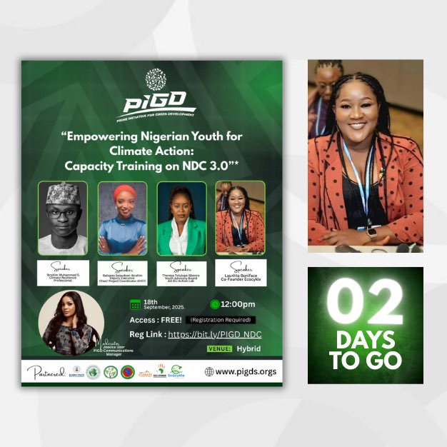 Pigdgreen's tweet image. Only 2 days to go! ⏳
Nigerian youth are stepping up to shape a greener, more resilient future. 🌍💡
📅 Sept 18th, 2025
Be part of the movement → 📍 bit.ly/PIGD_NDC
#NDC3 #ClimateAction #CapacityBuilding #climate