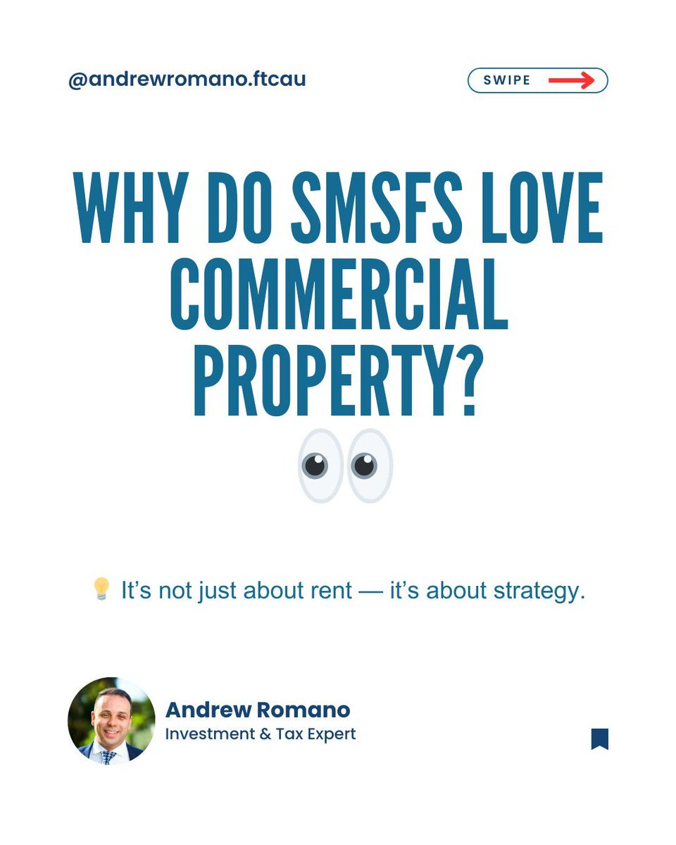realAndyRomano's tweet image. Why do SMSFs love commercial property?

✅ Higher yields (6–8%)
✅ Tenants pay outgoings
✅ Business owners can lease their own premises
✅ Tax benefits at 15% (or 0% in pension phase)

It’s all about stable, long-term income — exactly what super was built for.

#SMSFStrategy