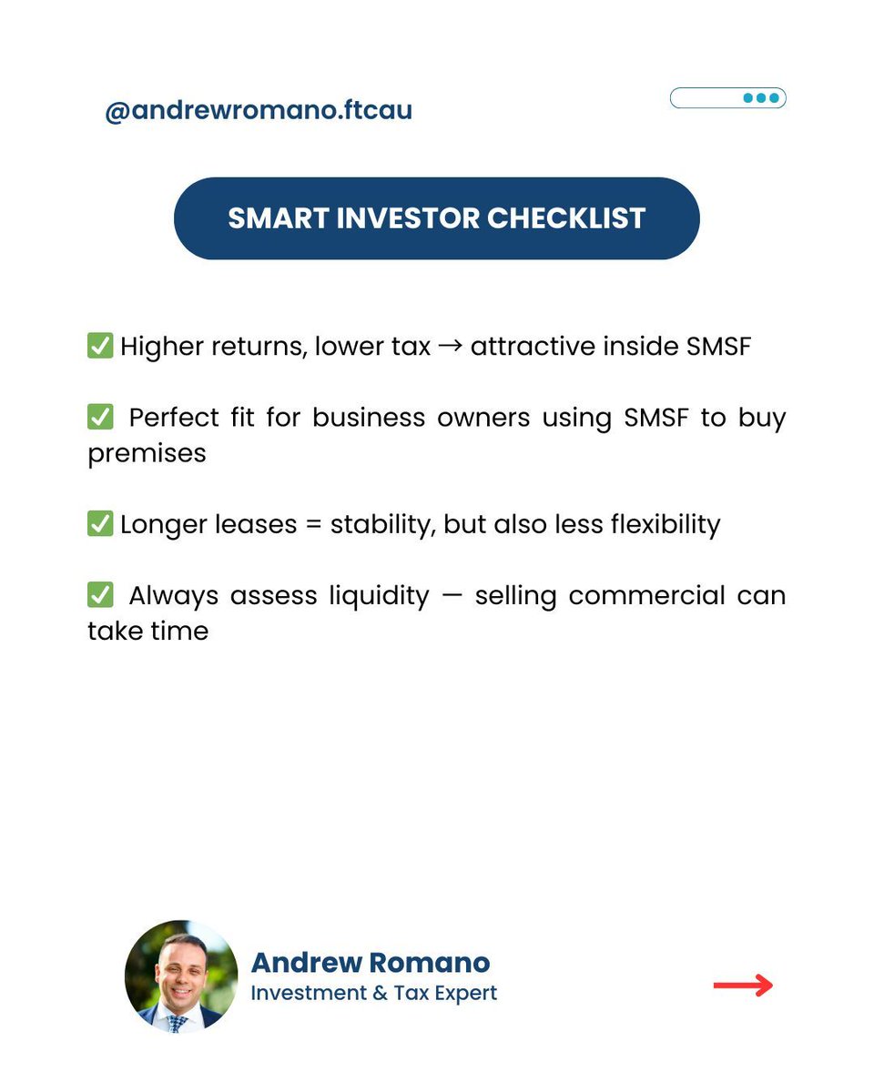 realAndyRomano's tweet image. Why do SMSFs love commercial property?

✅ Higher yields (6–8%)
✅ Tenants pay outgoings
✅ Business owners can lease their own premises
✅ Tax benefits at 15% (or 0% in pension phase)

It’s all about stable, long-term income — exactly what super was built for.

#SMSFStrategy