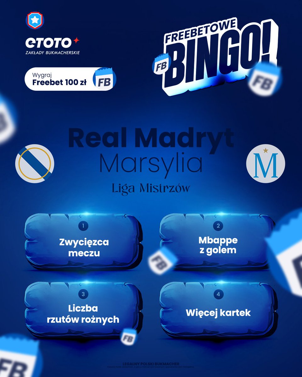 etotopl's tweet photo. Wjeżdża 𝐅𝐑𝐄𝐄𝐁𝐄𝐓𝐎𝐖𝐄 𝐁𝐈𝐍𝐆𝐎 na #UCL ⭐️

🔹 Wytypuj zdarzenia w #RMAOM 👈
🔹 Poprawne wytypowanie wszystkich sprawi, że na Twoim koncie pojawi się 1⃣0⃣0⃣ złotych freebetu! 💰
🔹 Nagrodzimy autorów 3 pierwszych poprawnych odpowiedzi ✅

⏰ Czas do 21:00

Przykładowa odpowiedź:
1. Real
2. Tak
3. 14
4. Po równo